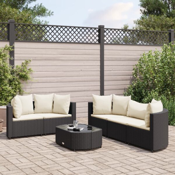 6-delige Loungeset met kussens poly rattan zwart