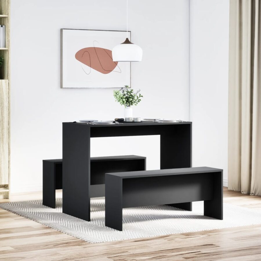 3-delige Eettafel en bankenset bewerkt hout zwart - Afbeelding 3