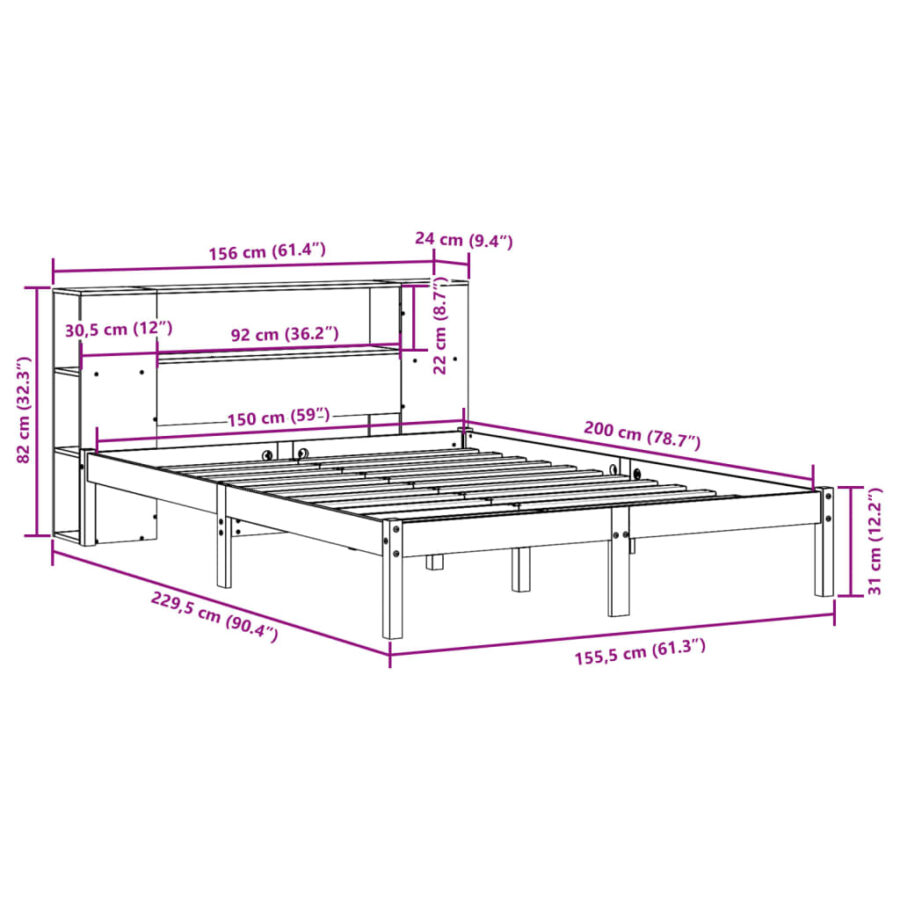 Bed met boekenkast zonder matras grenenhout wasbruin 150x200 cm - Afbeelding 12