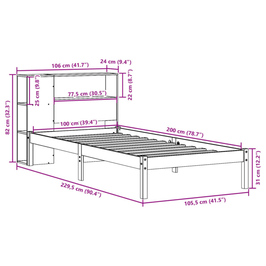 Bed met boekenkast zonder matras grenenhout wasbruin 100x200 cm - Afbeelding 12