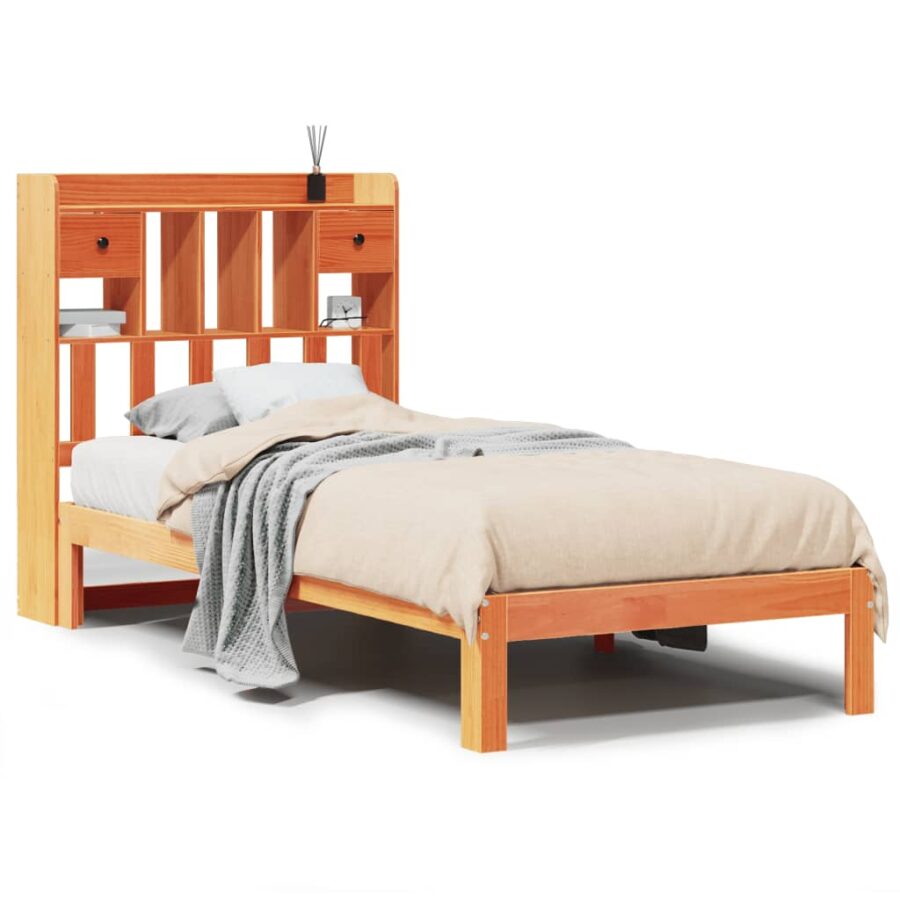 Bed met boekenkast zonder matras grenenhout wasbruin 100x200 cm - Afbeelding 2