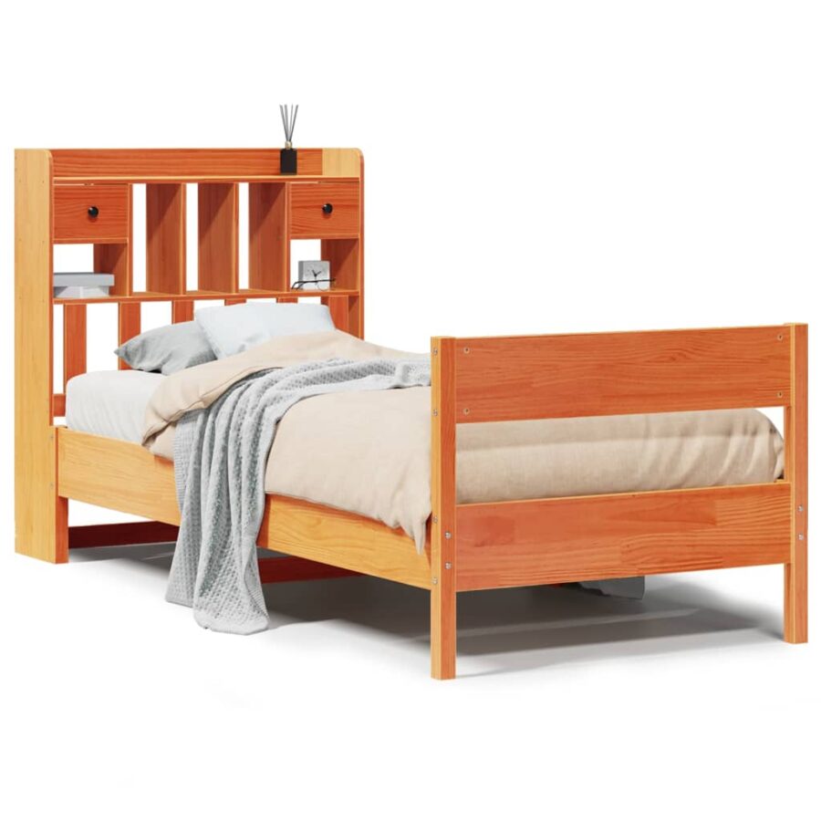 Bed met boekenkast zonder matras grenenhout wasbruin 100x200 cm - Afbeelding 2