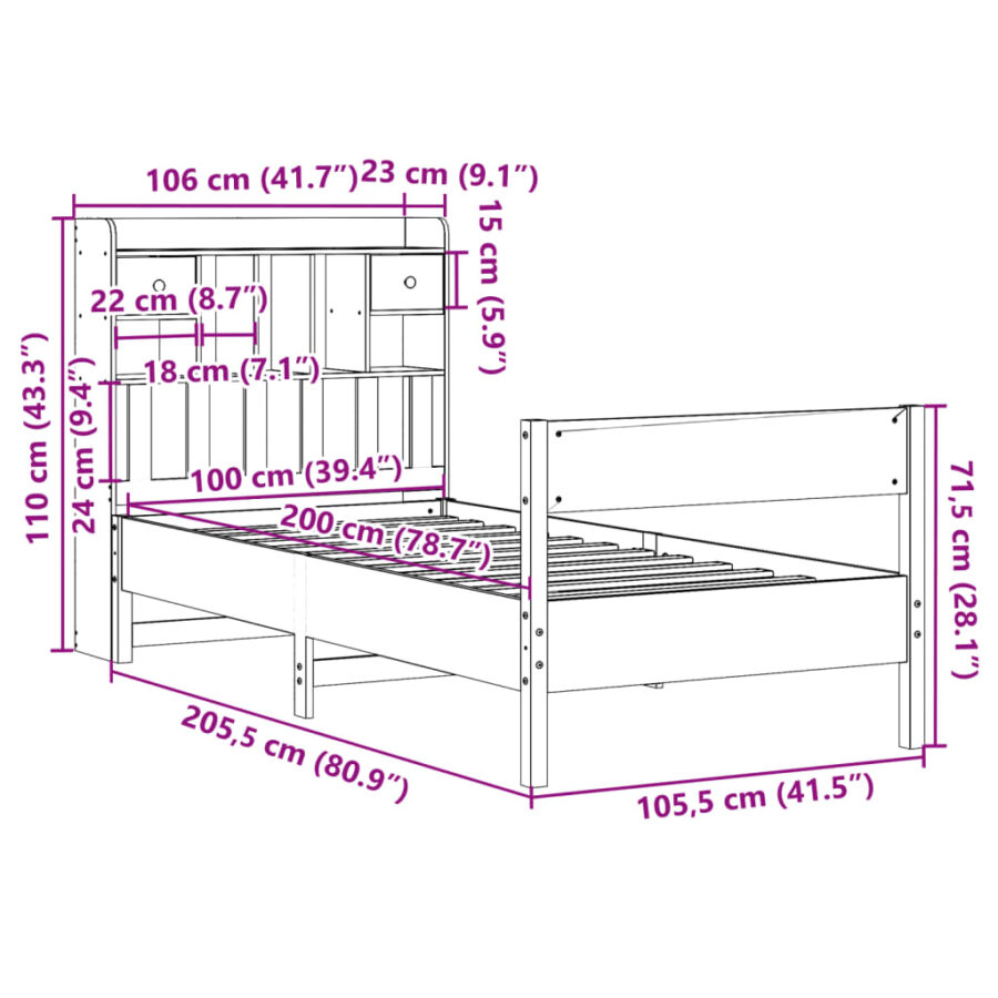 Bed met boekenkast zonder matras grenenhout wasbruin 100x200 cm - Afbeelding 11