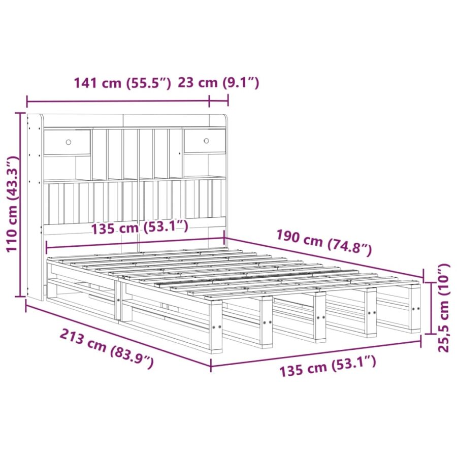 Bed met boekenkast zonder matras massief grenenhout 135x190 cm - Afbeelding 12