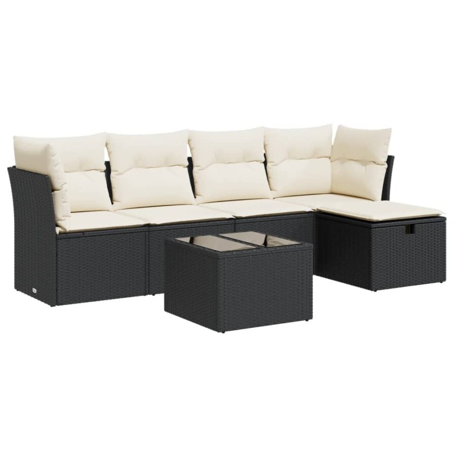 6-delige Loungeset met kussens poly rattan zwart - Afbeelding 2