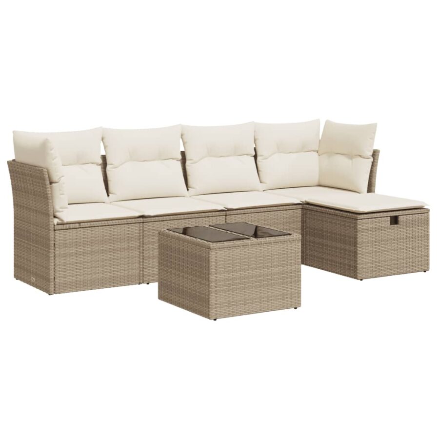 6-delige Loungeset met kussens poly rattan beige - Afbeelding 2