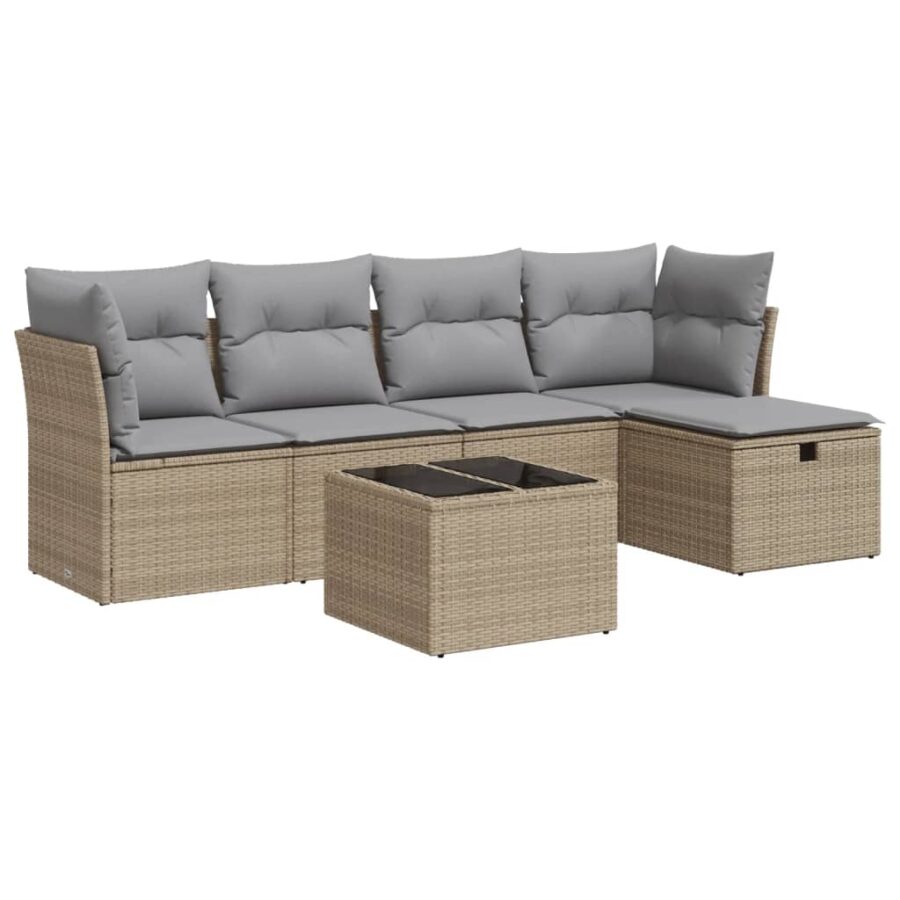 6-delige Loungeset met kussens poly rattan beige - Afbeelding 2