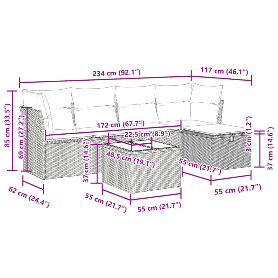 6-delige Loungeset met kussens poly rattan beige - Afbeelding 12