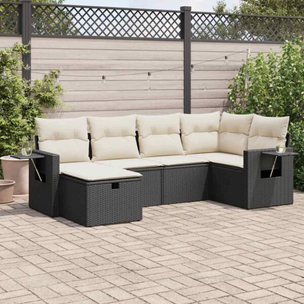 6-delige Loungeset met kussens poly rattan zwart