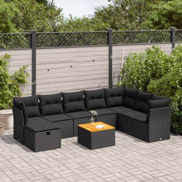 9-delige Loungeset met kussens poly rattan zwart