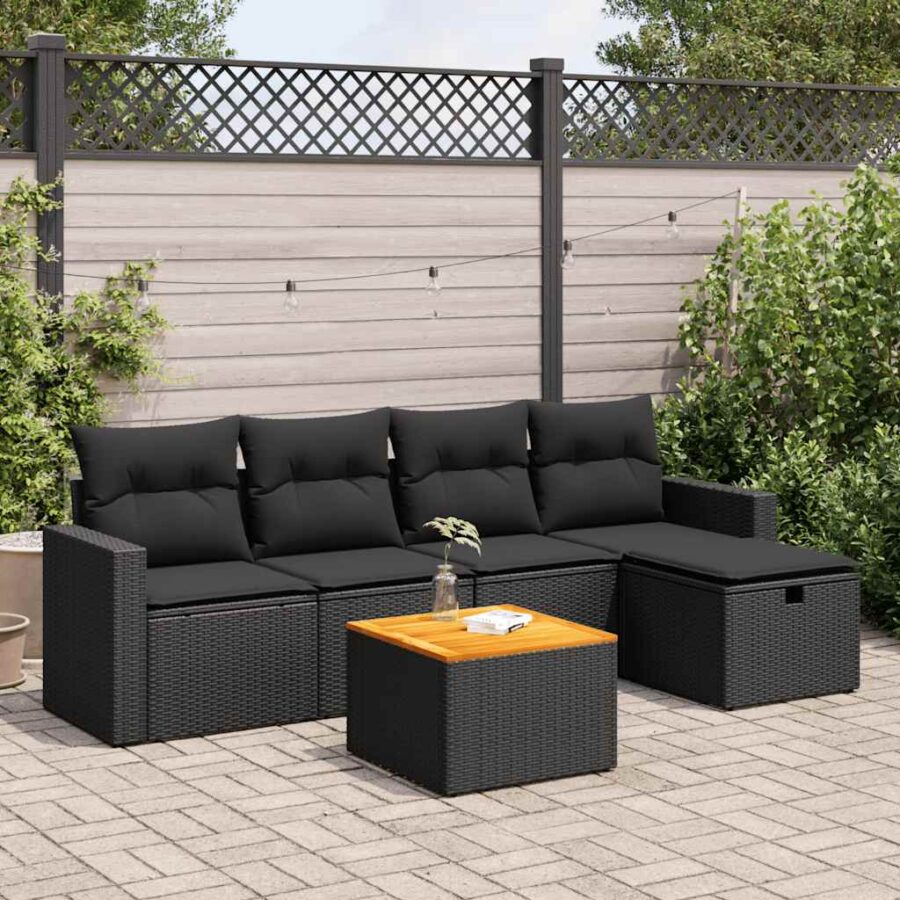 6-delige Loungeset met kussens poly rattan zwart