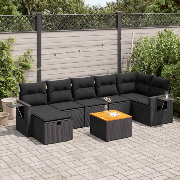 8-delige Loungeset met kussens poly rattan zwart