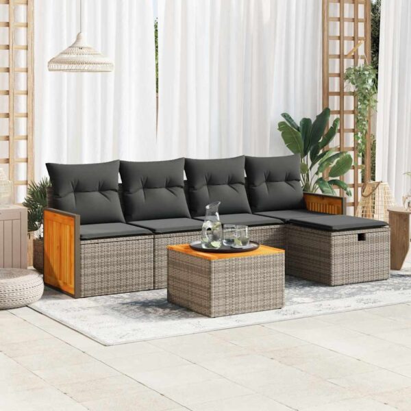 6-delige Loungeset met kussens poly rattan grijs