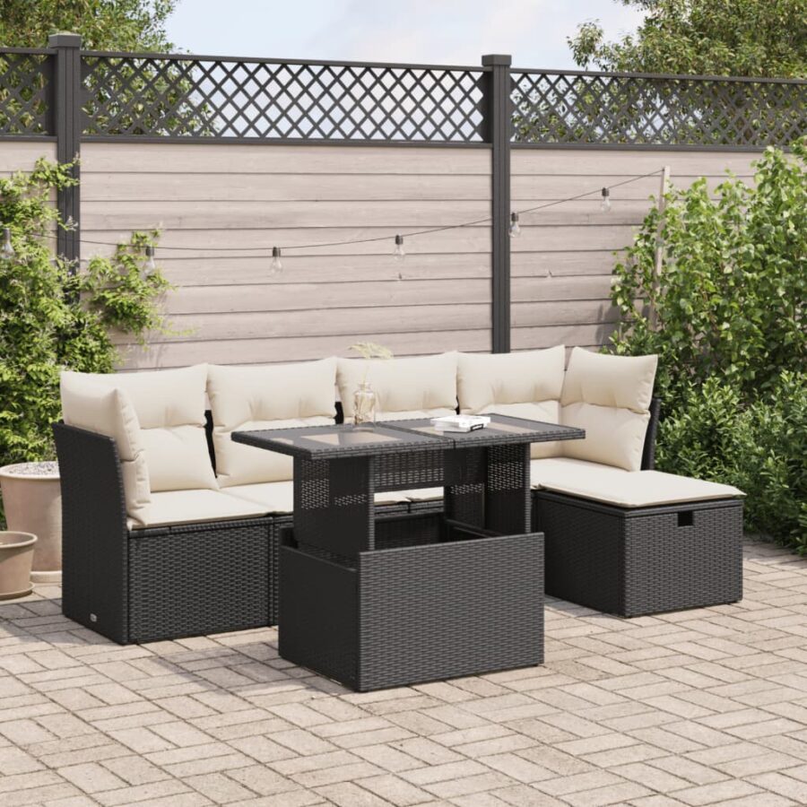 6-delige Loungeset met kussens poly rattan zwart