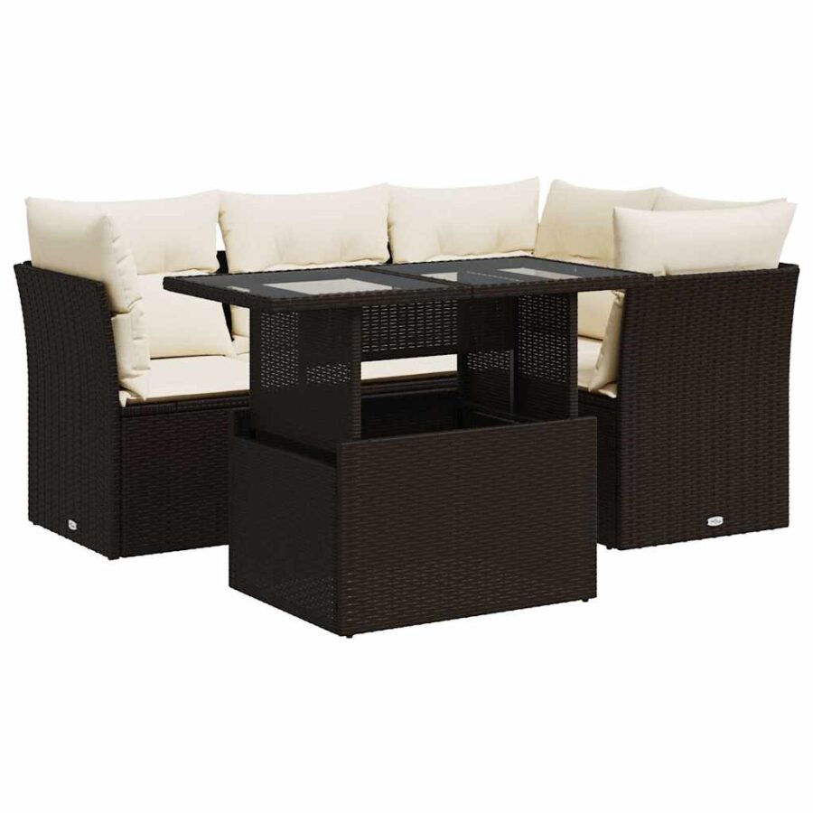 5-delige Loungeset met kussens poly rattan bruin - Afbeelding 2
