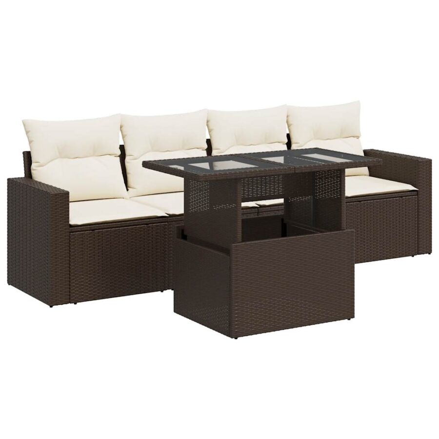5-delige Loungeset met kussens poly rattan bruin - Afbeelding 2