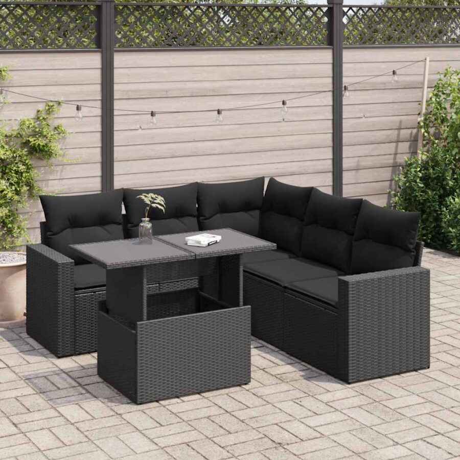 6-delige Loungeset met kussens poly rattan zwart