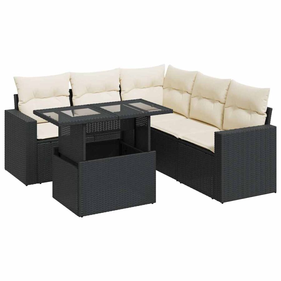 6-delige Loungeset met kussens poly rattan zwart - Afbeelding 2