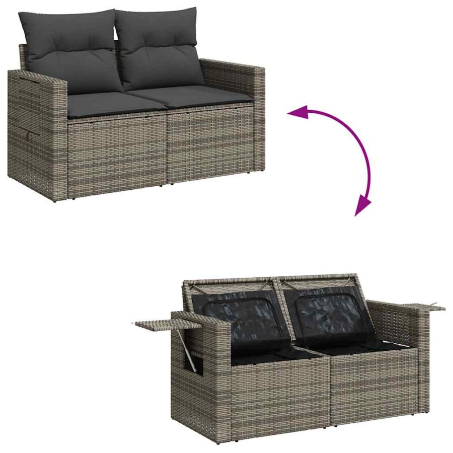 6-delige Loungeset met kussens poly rattan grijs - Afbeelding 7