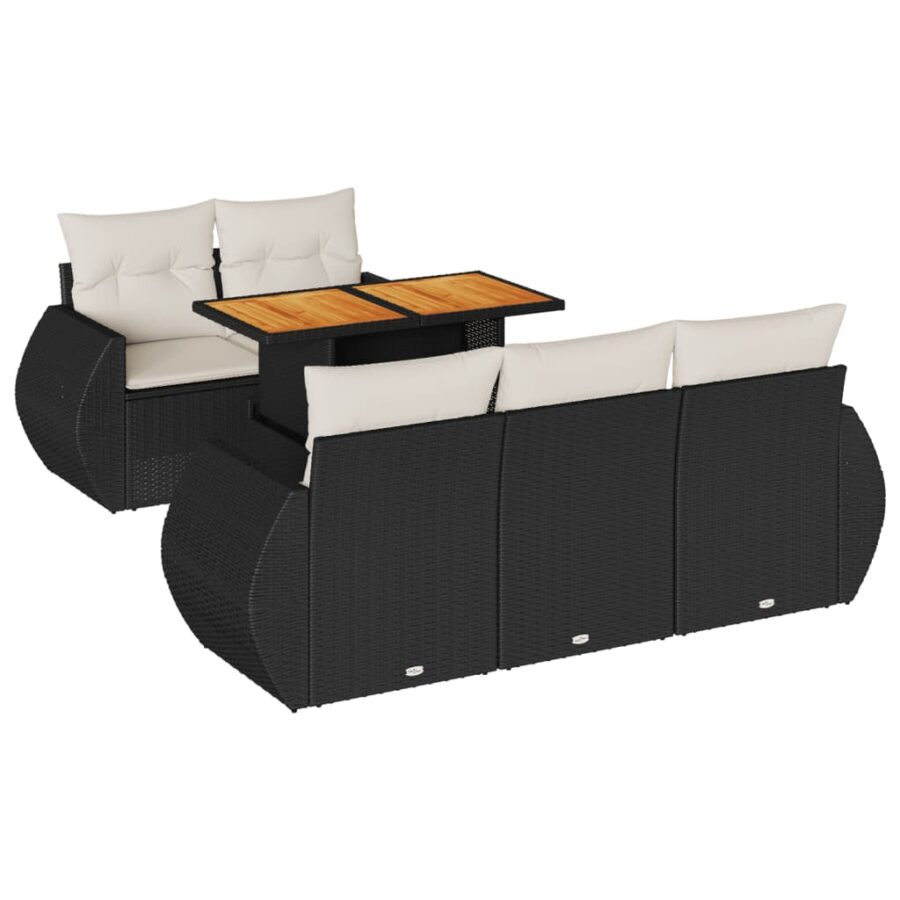 6-delige Loungeset met kussens poly rattan zwart - Afbeelding 2