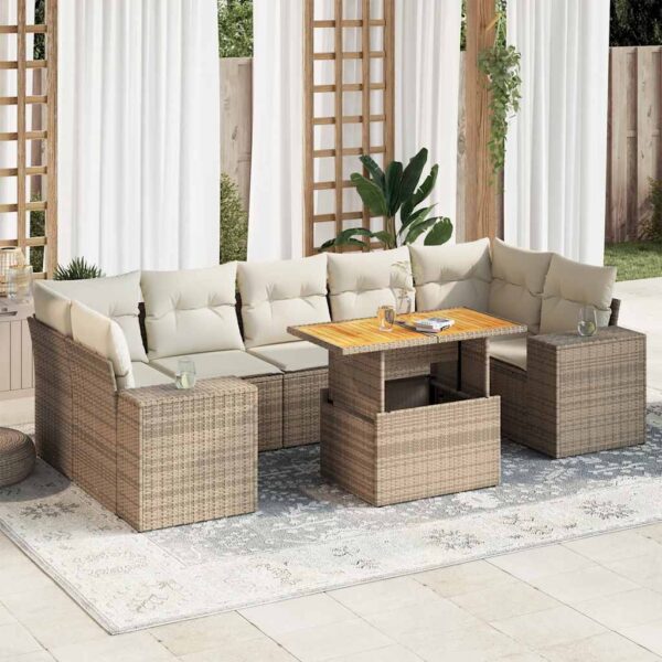 8-delige Loungeset met kussens poly rattan beige