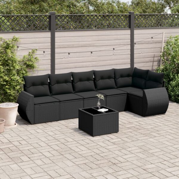 7-delige Loungeset met kussens poly rattan zwart
