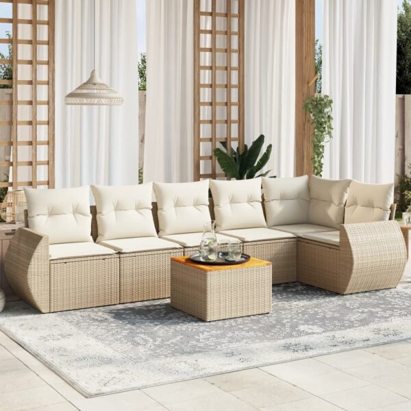 7-delige Loungeset met kussens poly rattan beige
