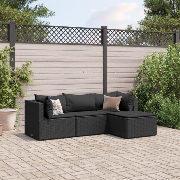 4-delige Loungeset met kussens poly rattan zwart