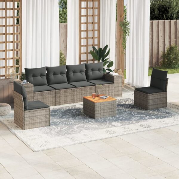 7-delige Loungeset met kussens poly rattan grijs