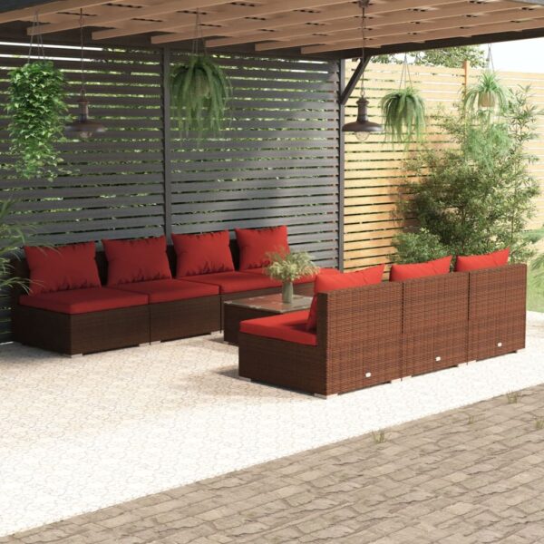 8-delige Loungeset met kussens poly rattan bruin