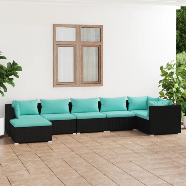 7-delige Loungeset met kussens poly rattan zwart