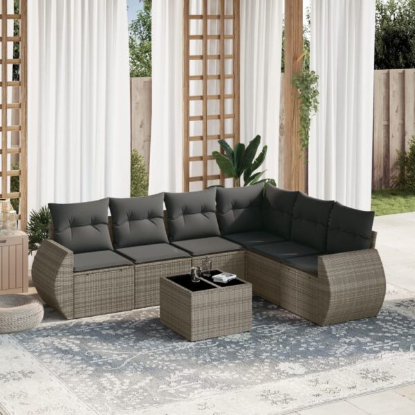 7-delige Loungeset met kussens poly rattan grijs
