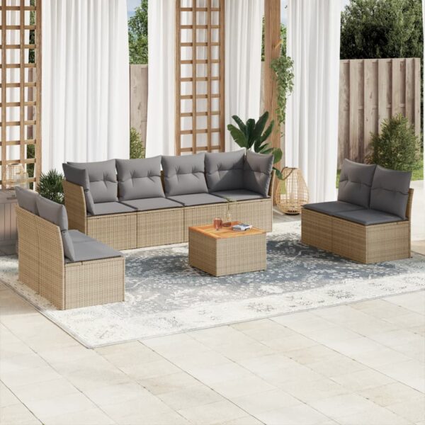 9-delige Loungeset met kussens poly rattan beige