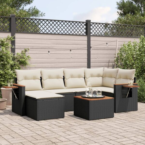 7-delige Loungeset met kussens poly rattan zwart