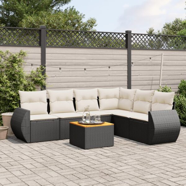 7-delige Loungeset met kussens poly rattan zwart