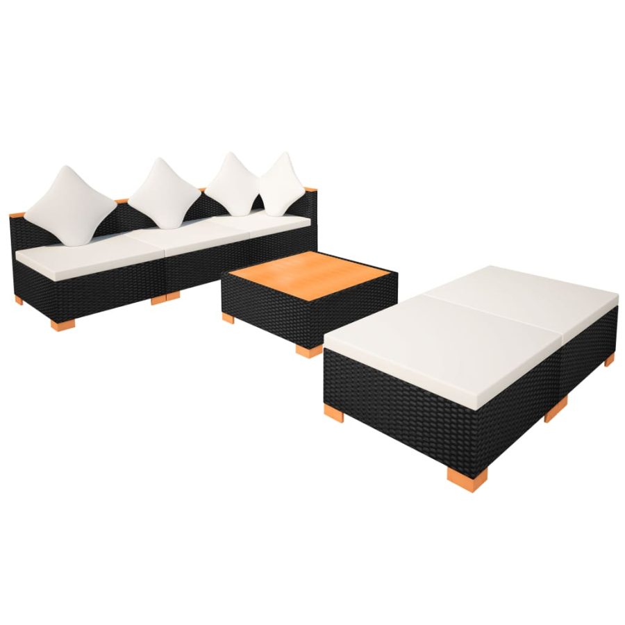 6-delige Loungeset met kussens poly rattan zwart - Afbeelding 8