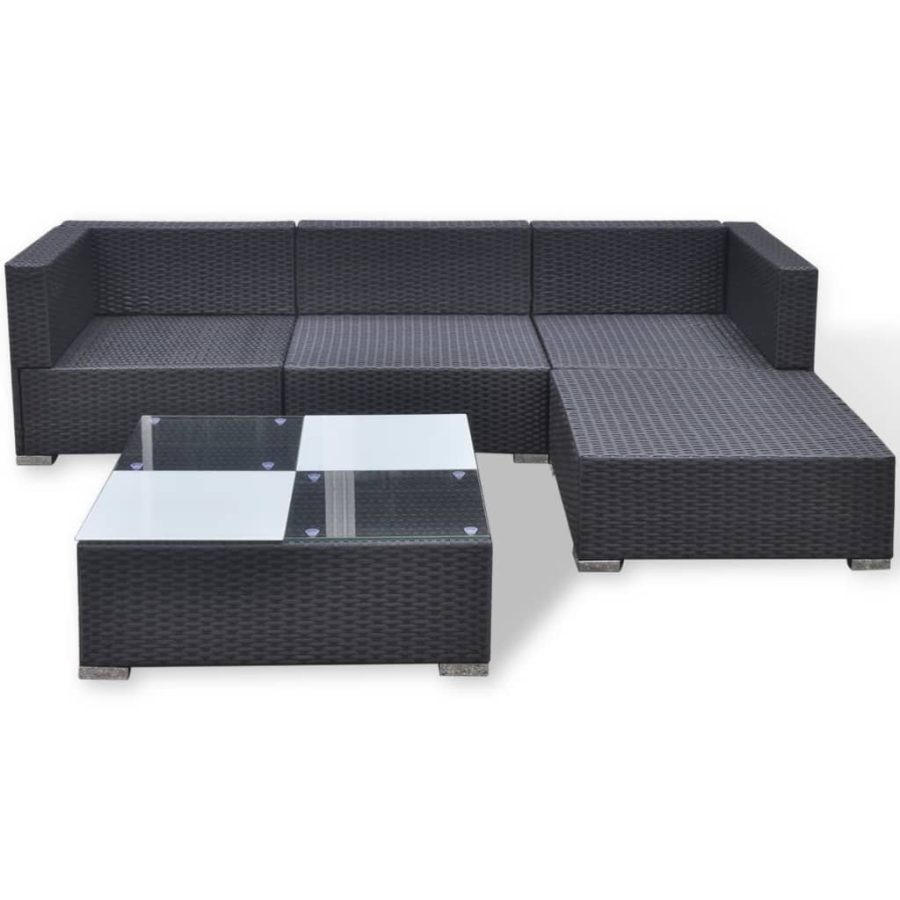 5-delige Loungeset met kussens poly rattan zwart - Afbeelding 7