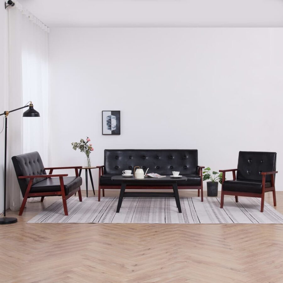 3-delig Bankstel kunstleer zwart