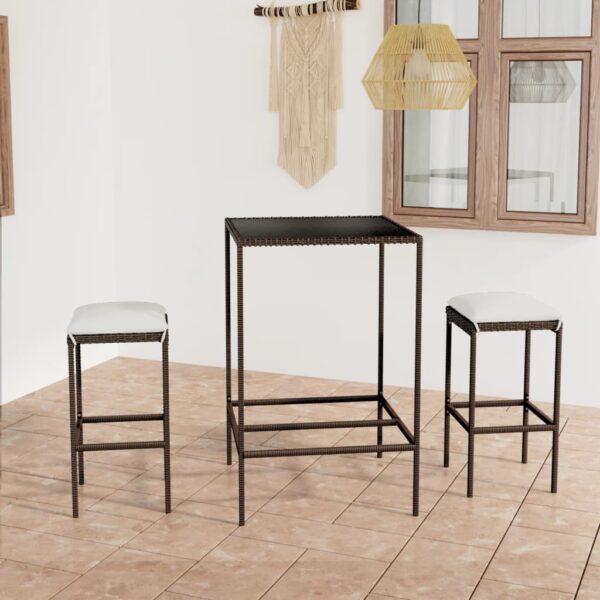 3-delige Tuinbarset met kussens poly rattan bruin