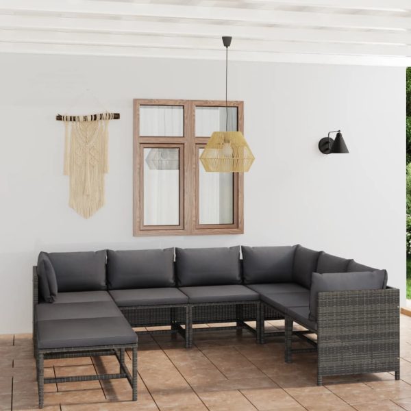 8-delige Loungeset met kussens poly rattan grijs