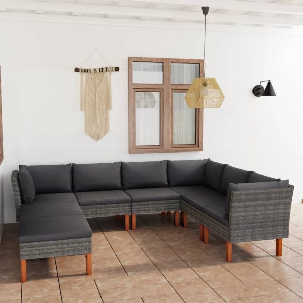 8-delige Loungeset met kussens poly rattan grijs