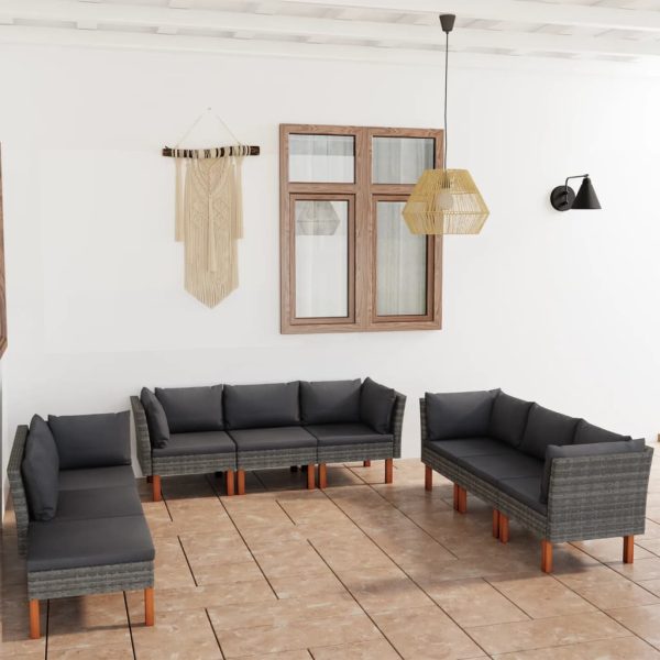 9-delige Loungeset met kussens poly rattan grijs