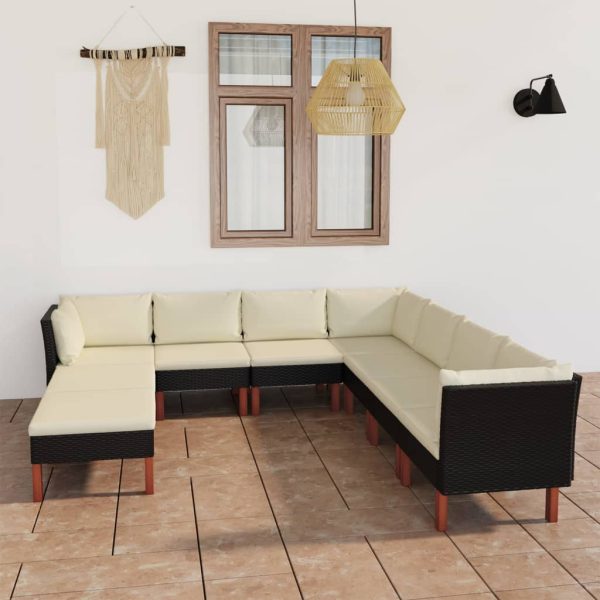 9-delige Loungeset met kussens poly rattan zwart