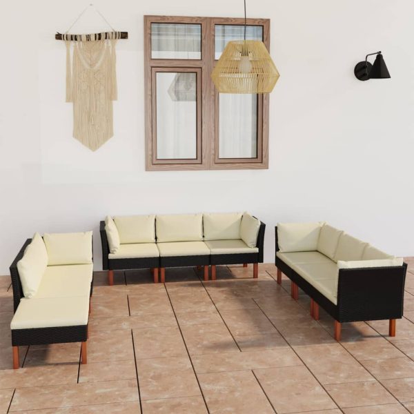 9-delige Loungeset met kussens poly rattan zwart