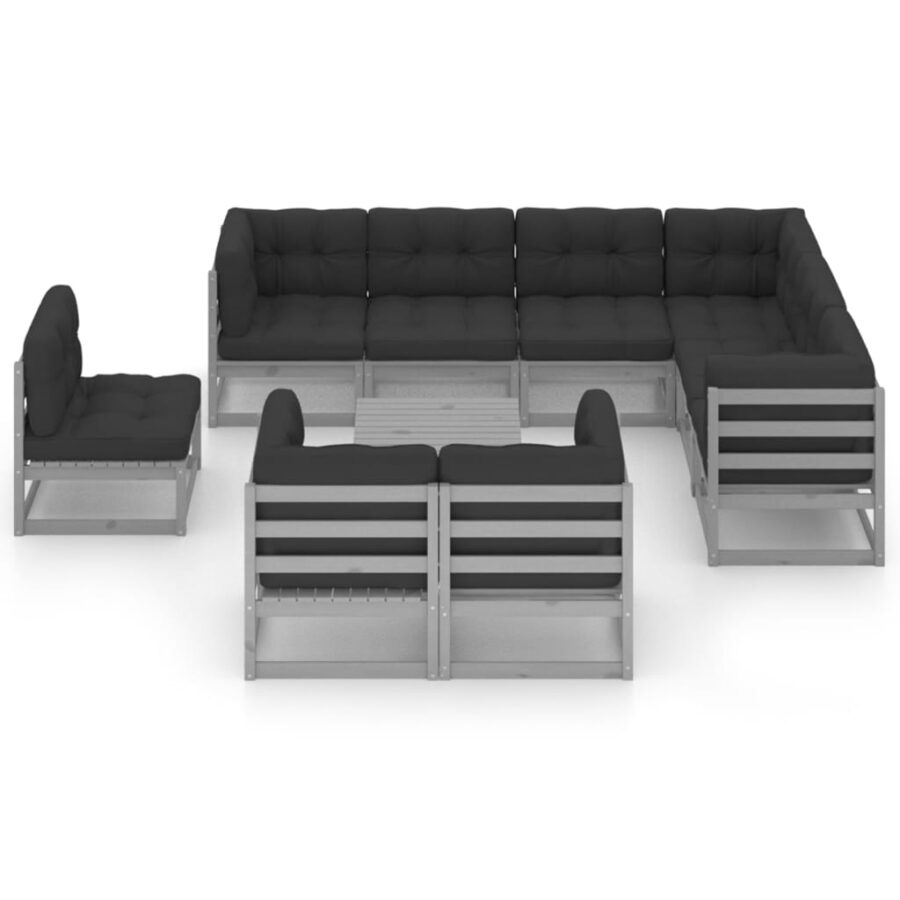 10-delige Loungeset met kussens massief grenenhout grijs - Afbeelding 2