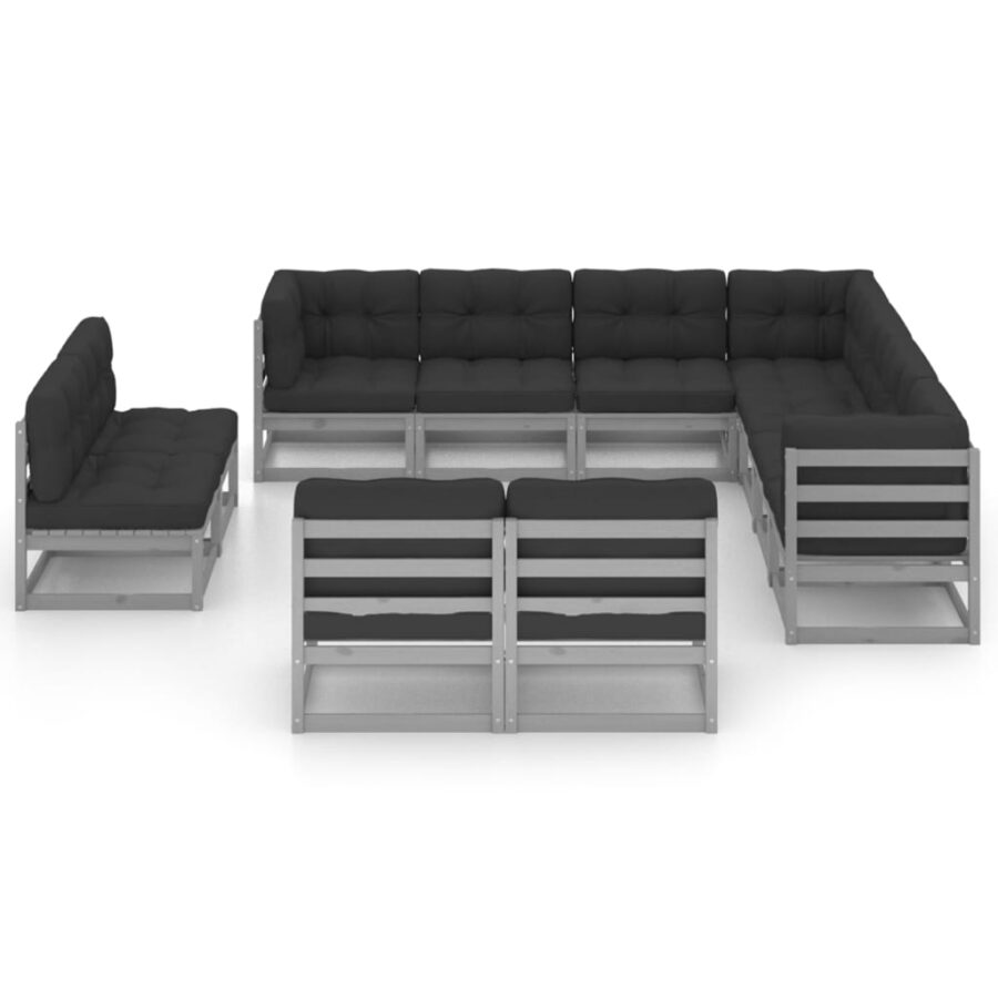 11-delige Loungeset met kussens massief grenenhout grijs - Afbeelding 2