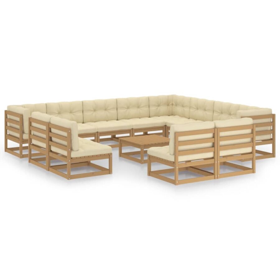 13-delige Loungeset met kussens massief grenenhout honingbruin