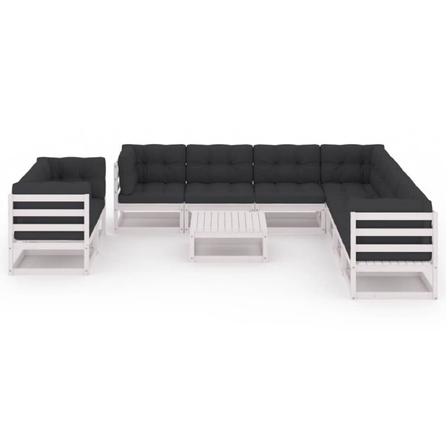 10-delige Loungeset met kussens massief grenenhout wit - Afbeelding 2