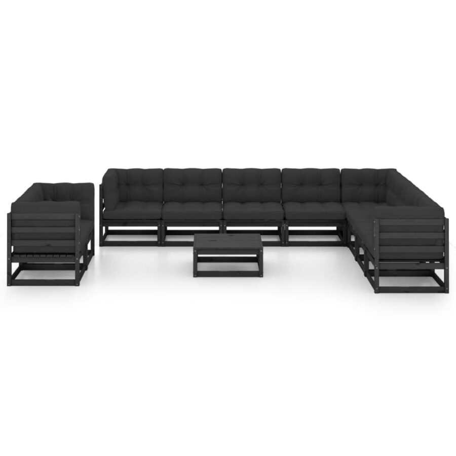 11-delige Loungeset met kussens massief grenenhout zwart - Afbeelding 2