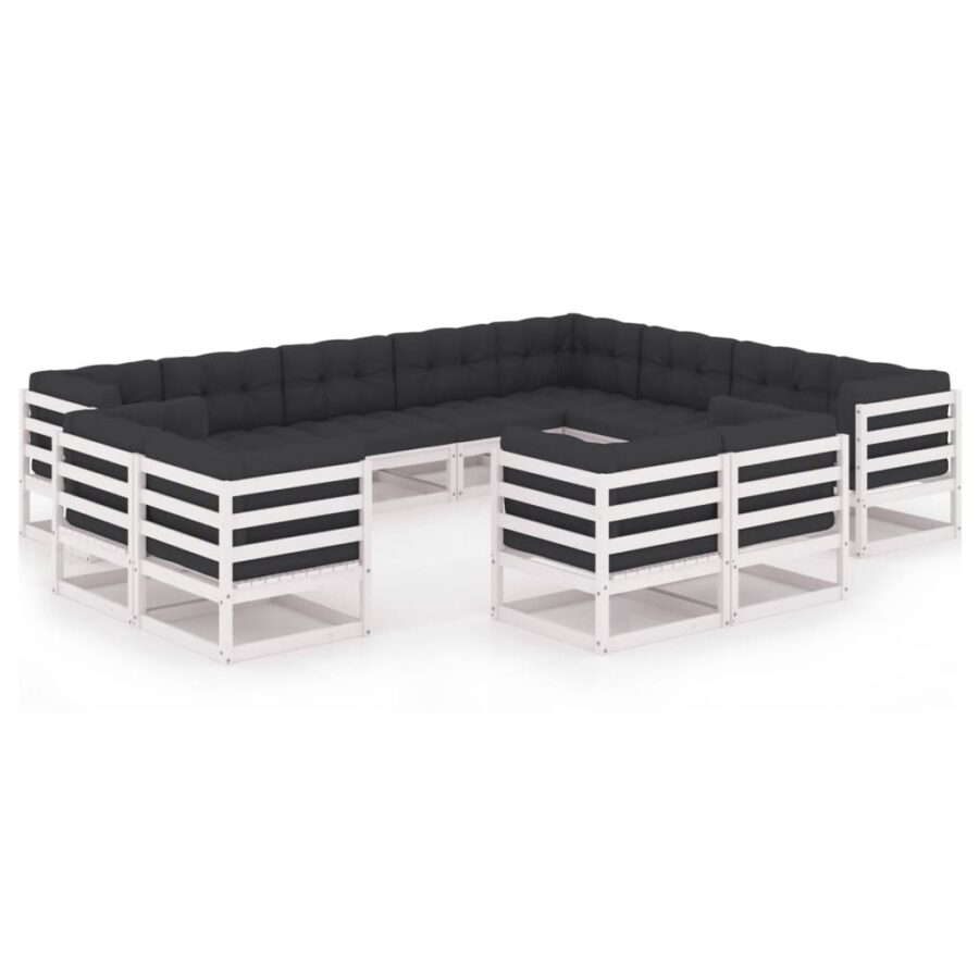 12-delige Loungeset met kussens massief grenenhout wit - Afbeelding 2